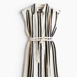 H&M - Womens: Linen-blend Shirt Dress, Cream/Black Stripe